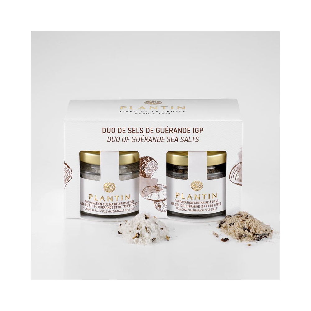 Duo of Guérande (PGI) salts flavoured with truffle and porcini Duo of Guérande (PGI) salts flavoured with truffle and porcini