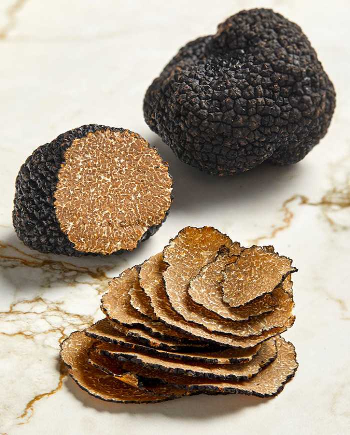 Truffes fraîches entières et coupées révélant la couleur de leur chair et leur veinage à maturité