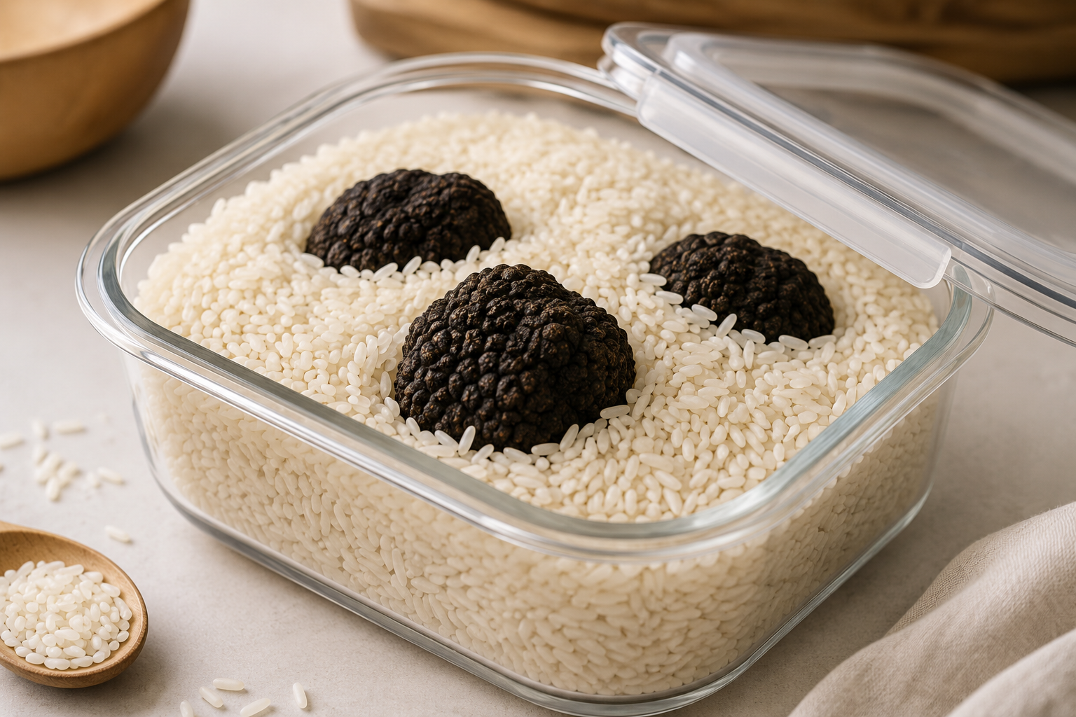 alt="Truffes d’été placées temporairement dans du riz sec pour parfumer les grains"