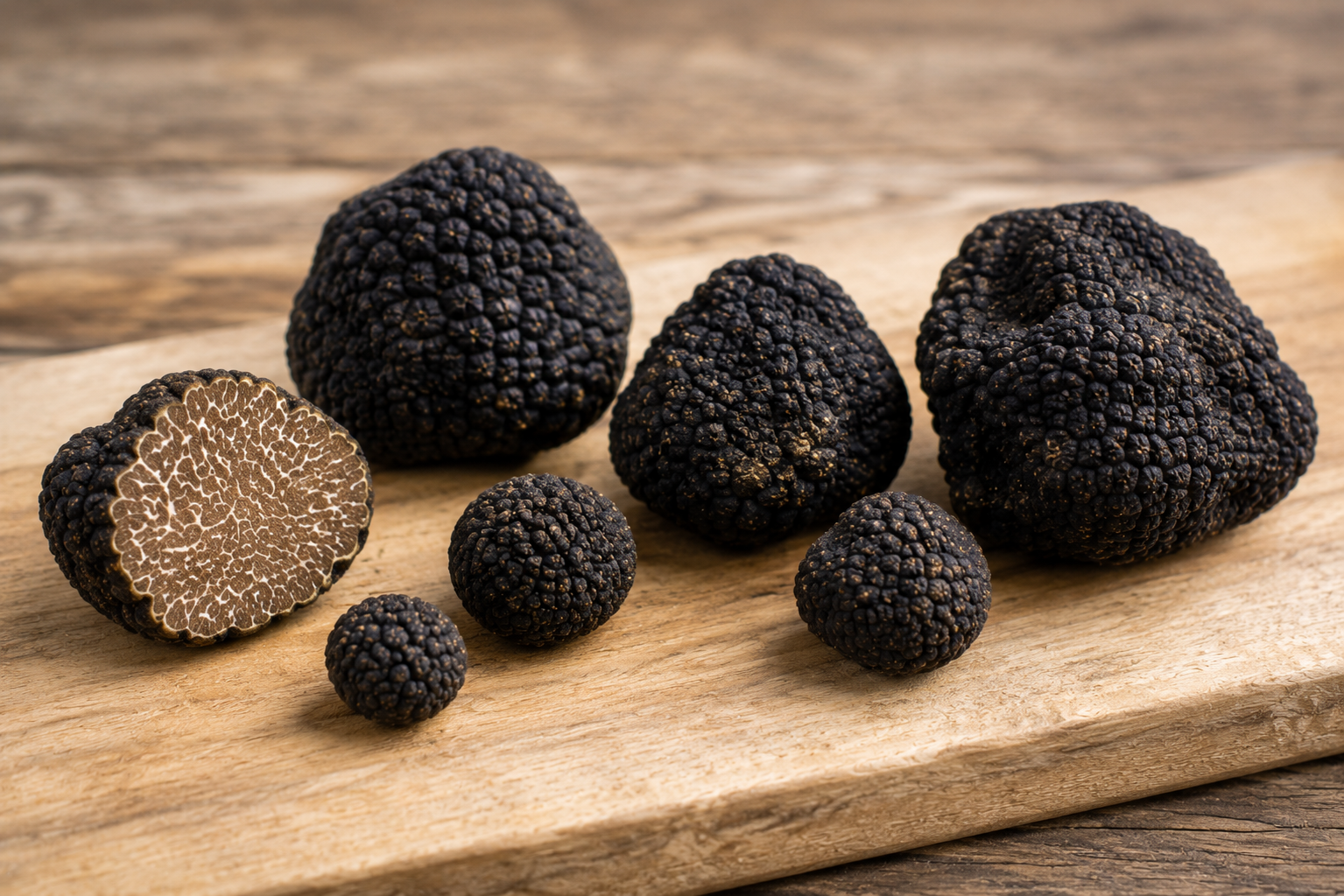 Truffes fraîches rondes, ovales et irrégulières présentées côte à côte