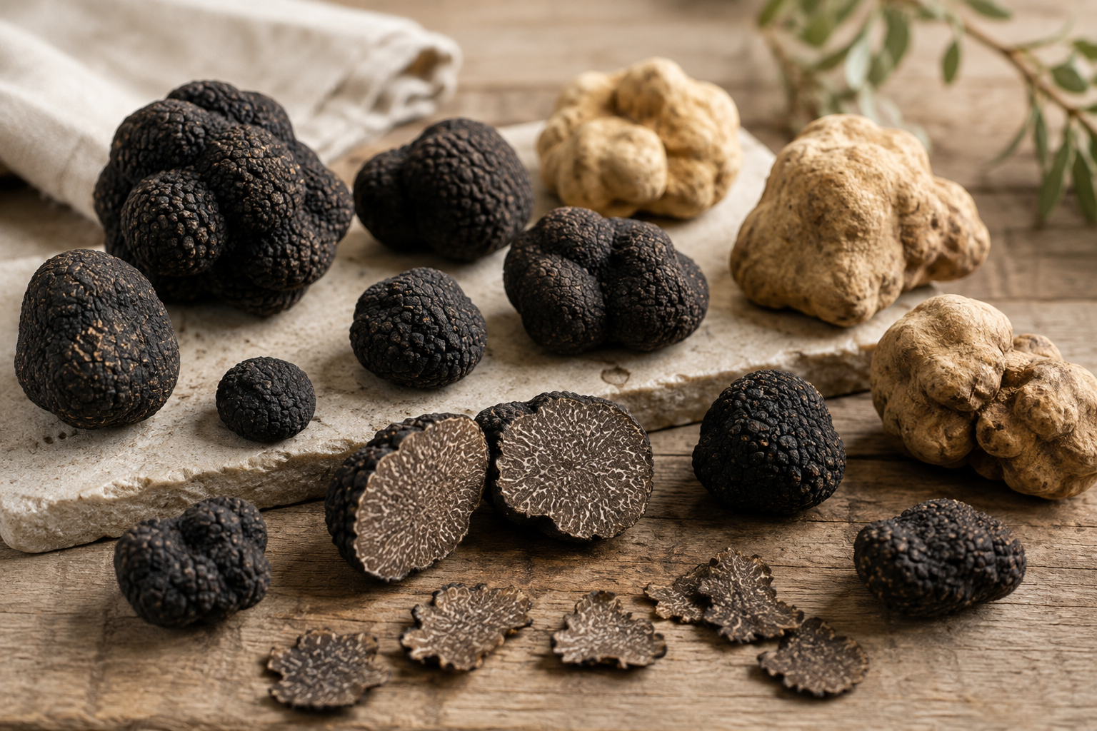 Truffes fraîches de différents calibres avec des spécimens entiers et découpés en fines lamelles