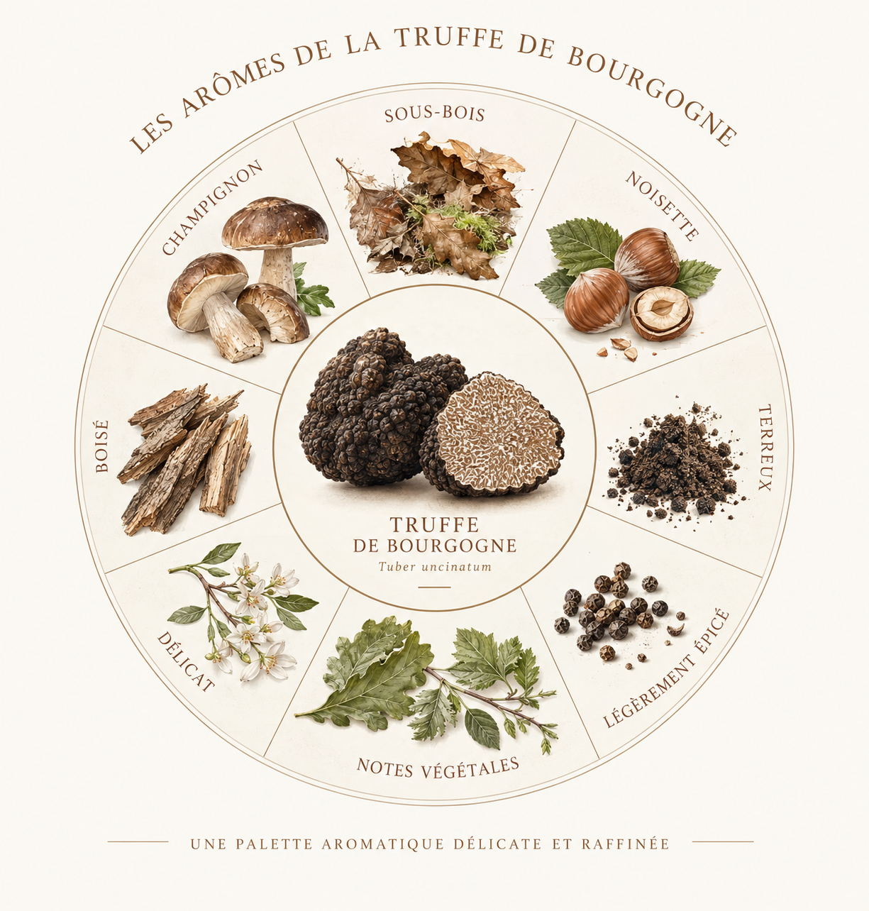 Palette aromatique de la truffe de Bourgogne avec notes de sous-bois, noisette et champignon