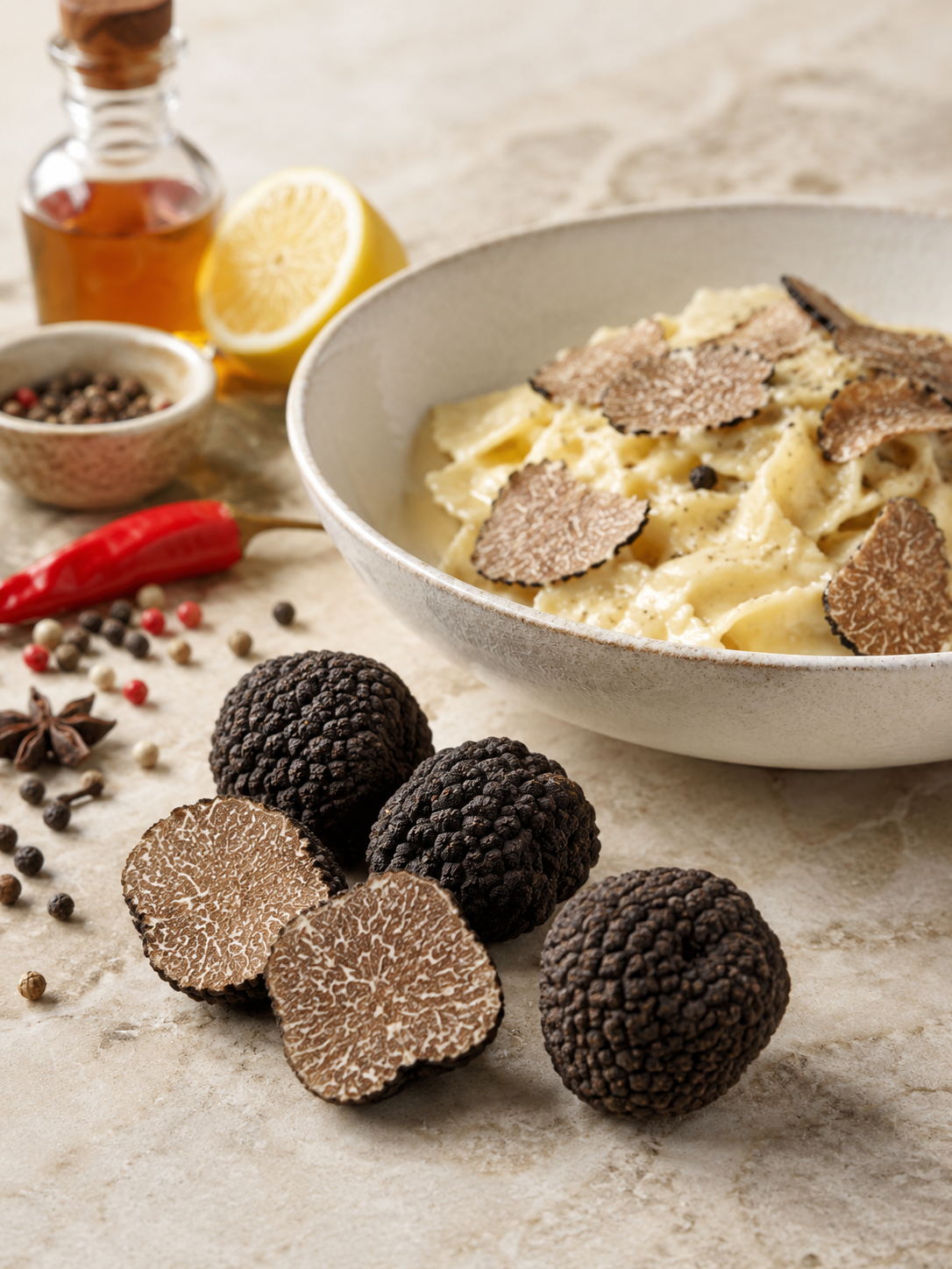 Truffes de Bourgogne accompagnées d’un plat trop épicé et acide illustrant les associations à éviter