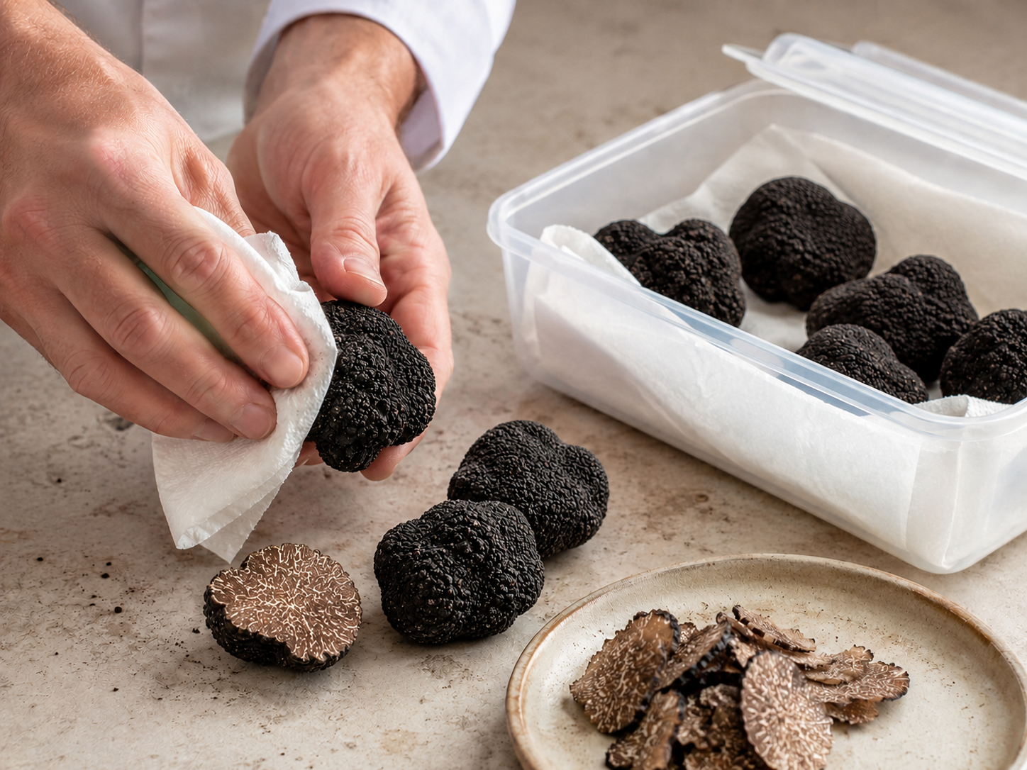 Truffe de Bourgogne délicatement séchée avec du papier absorbant avant sa conservation