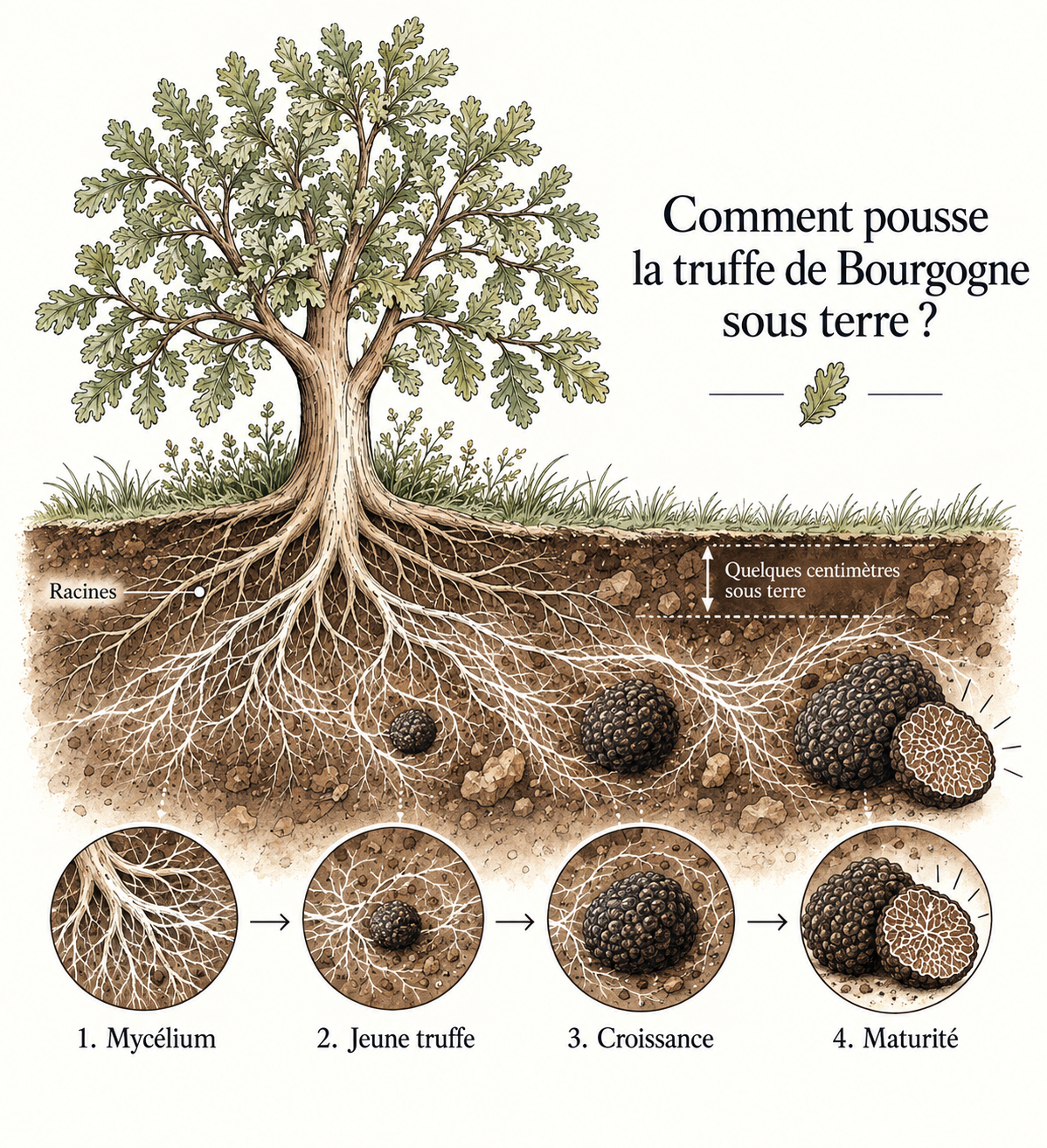 Développement de la truffe de Bourgogne sous terre au niveau des racines