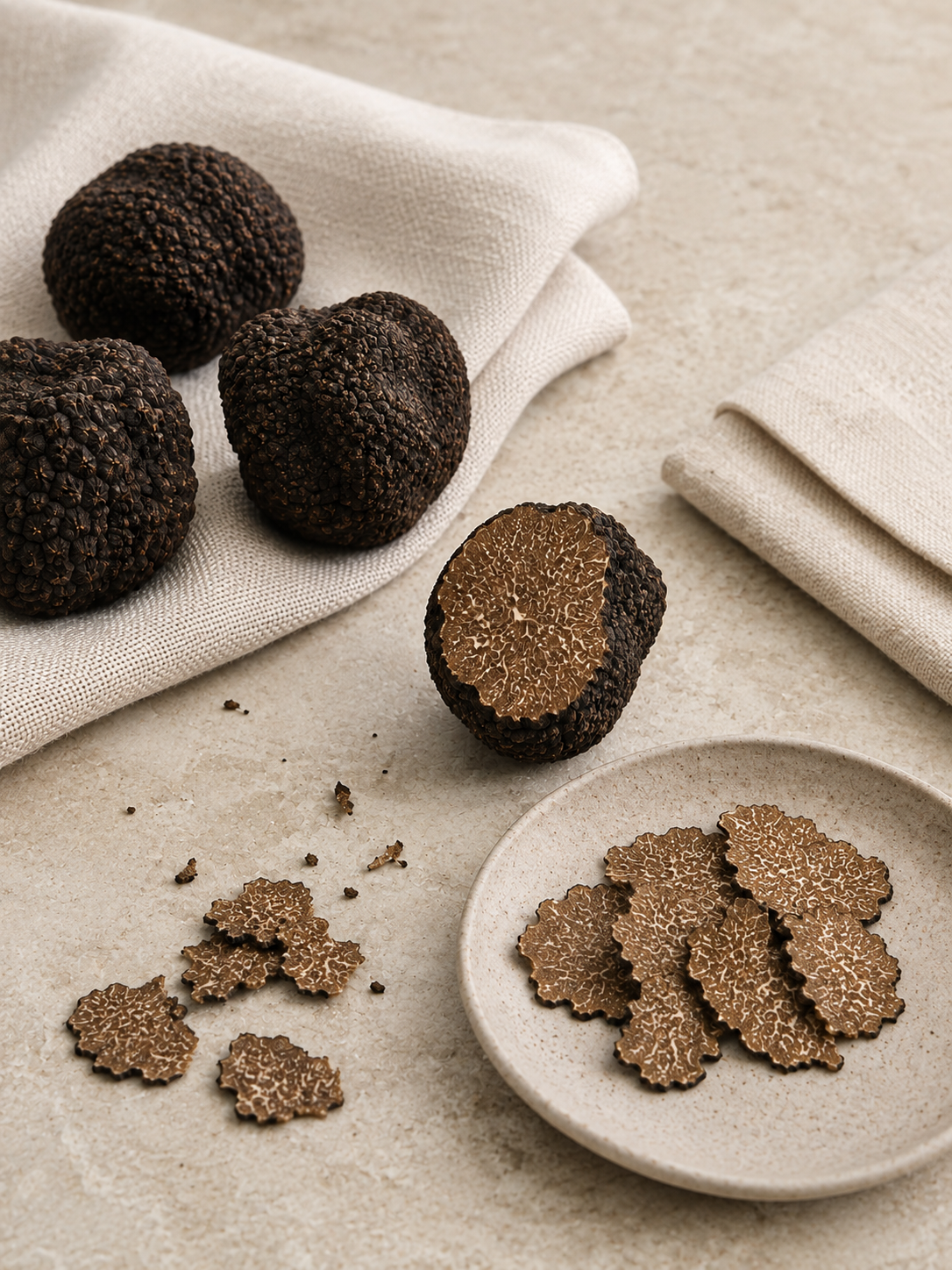 Truffes de Bourgogne entières, coupées et découpées en fines lamelles avant utilisation