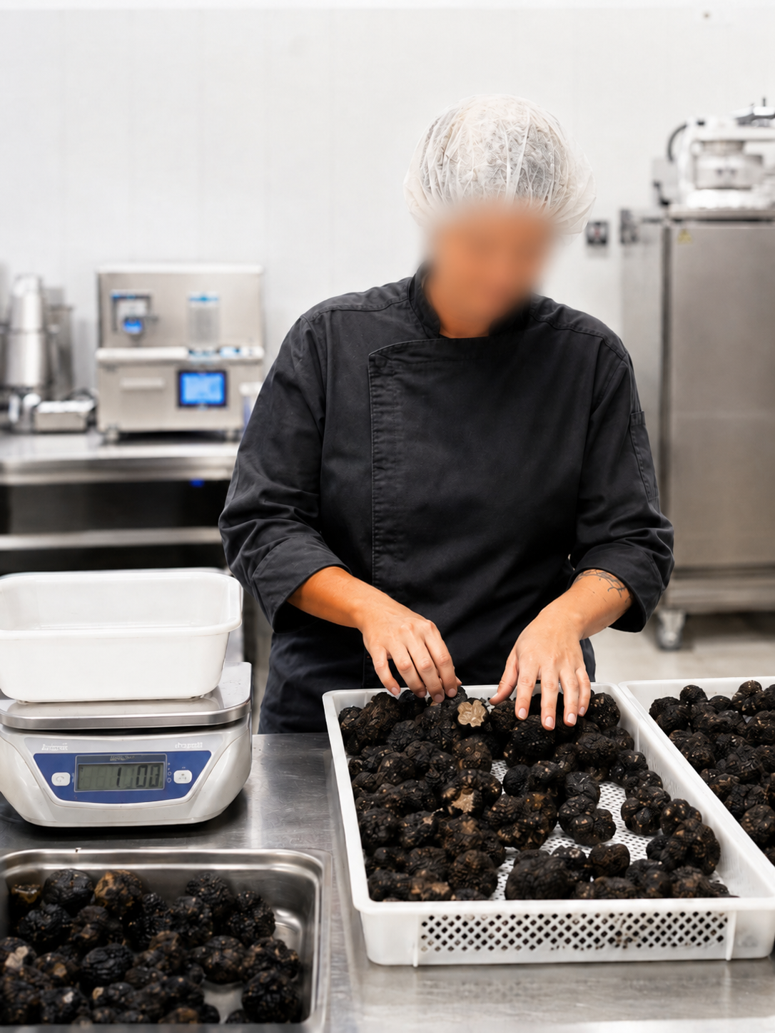 Opératrice Plantin triant et sélectionnant les truffes fraîches selon leur qualité dans les ateliers
