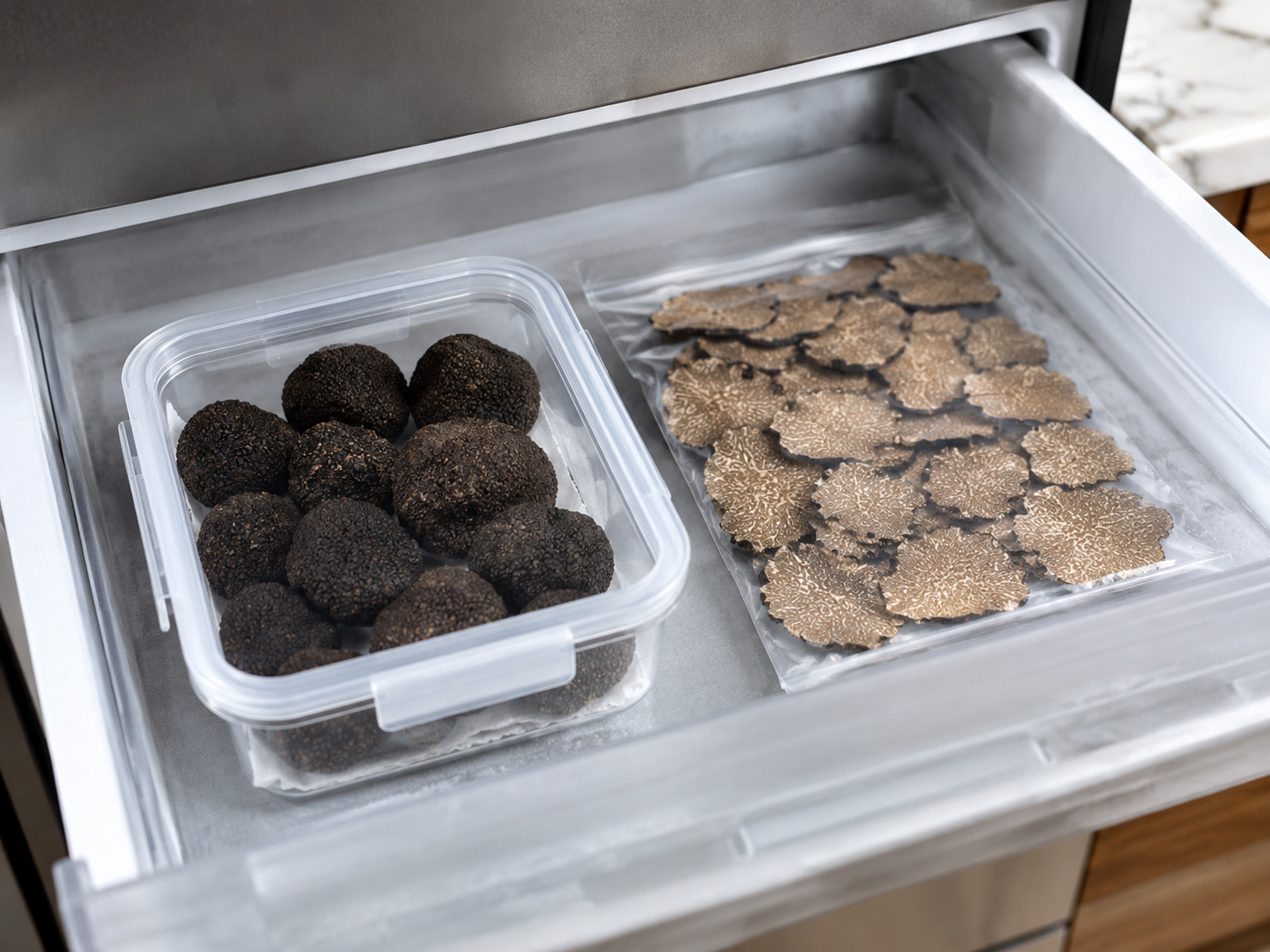 Truffes de Bourgogne entières et en lamelles conditionnées dans des contenants adaptés à la congélation
