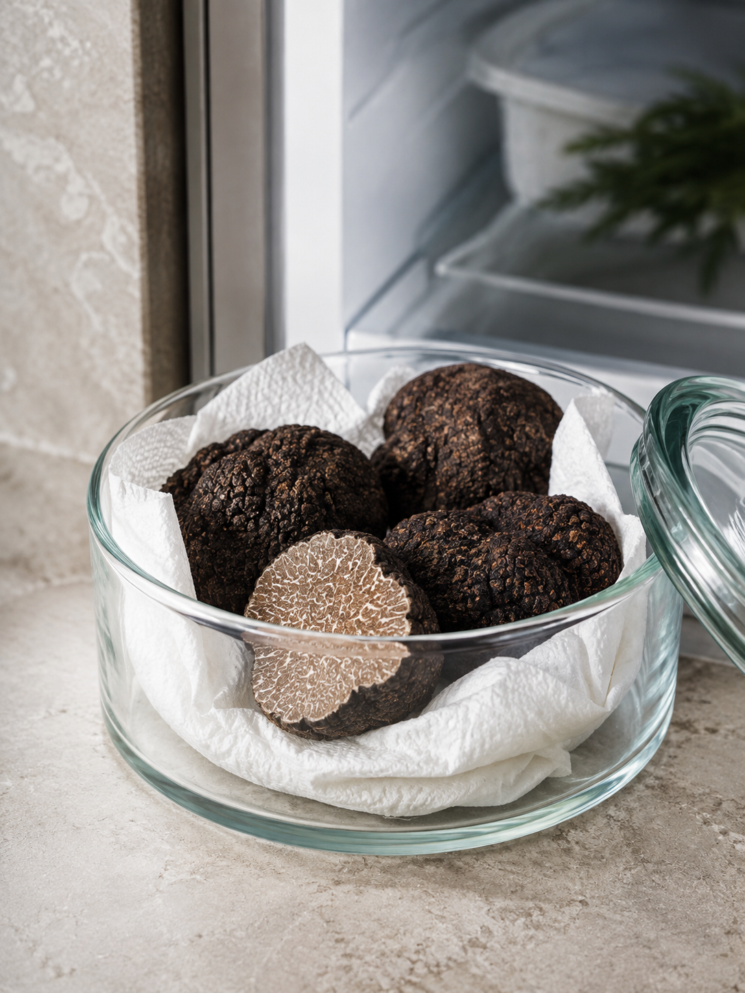 Truffes de Bourgogne conservées au réfrigérateur dans une boîte hermétique avec du papier absorbant
