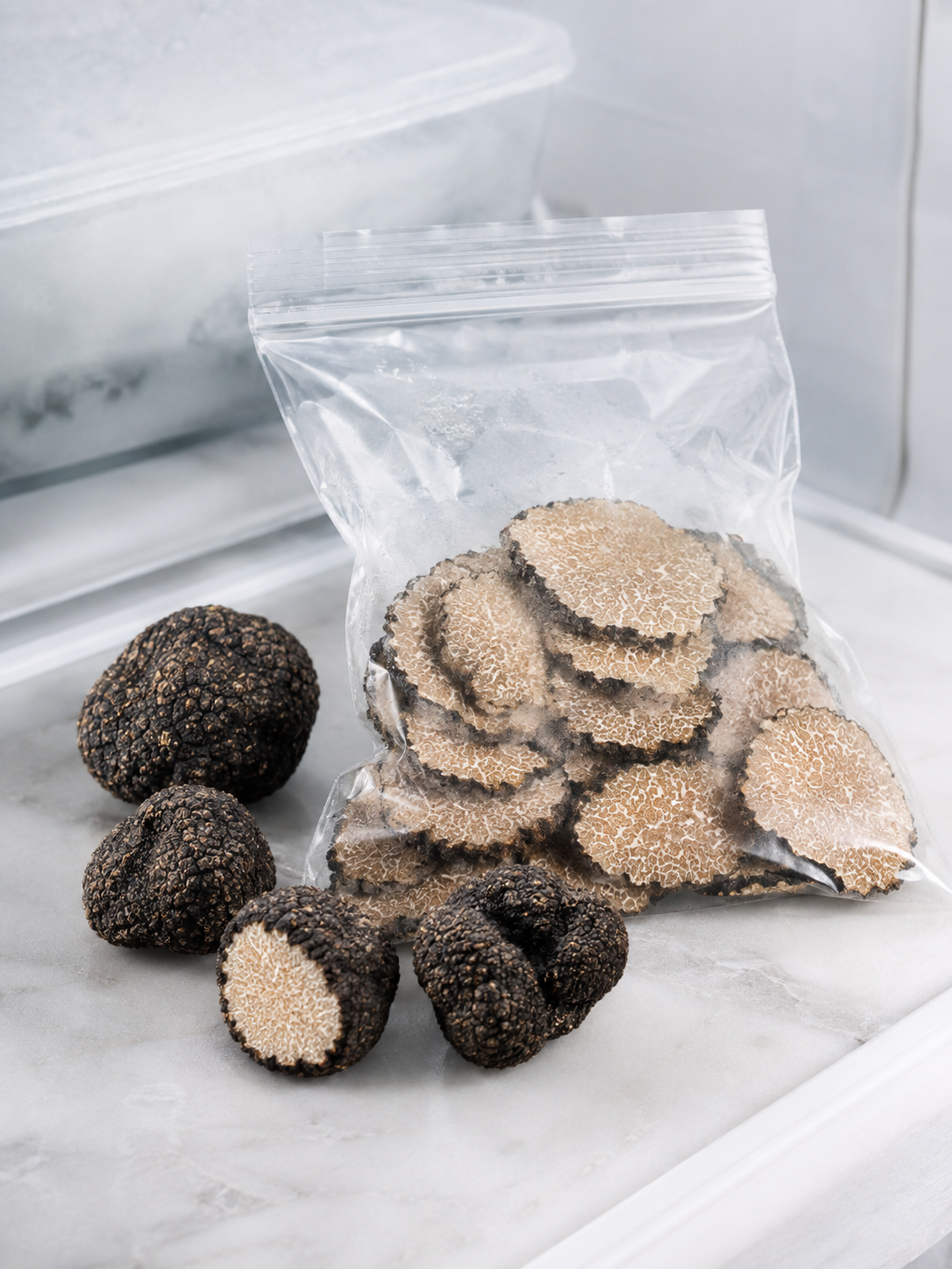 alt="Truffes d’été entières et en lamelles préparées dans un sachet de congélation"