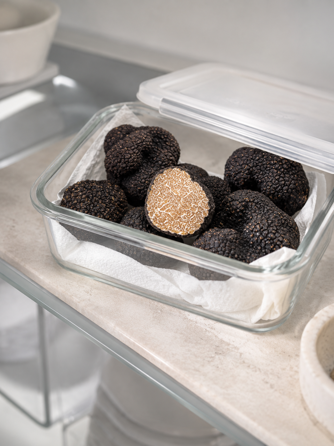 alt="Truffes d’été fraîches placées dans une boîte hermétique avec du papier absorbant"