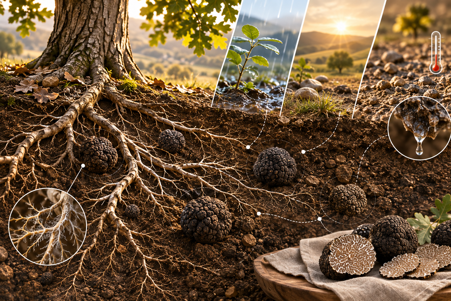 Truffes se développant sous un arbre au contact des racines dans des sols et des conditions climatiques variés