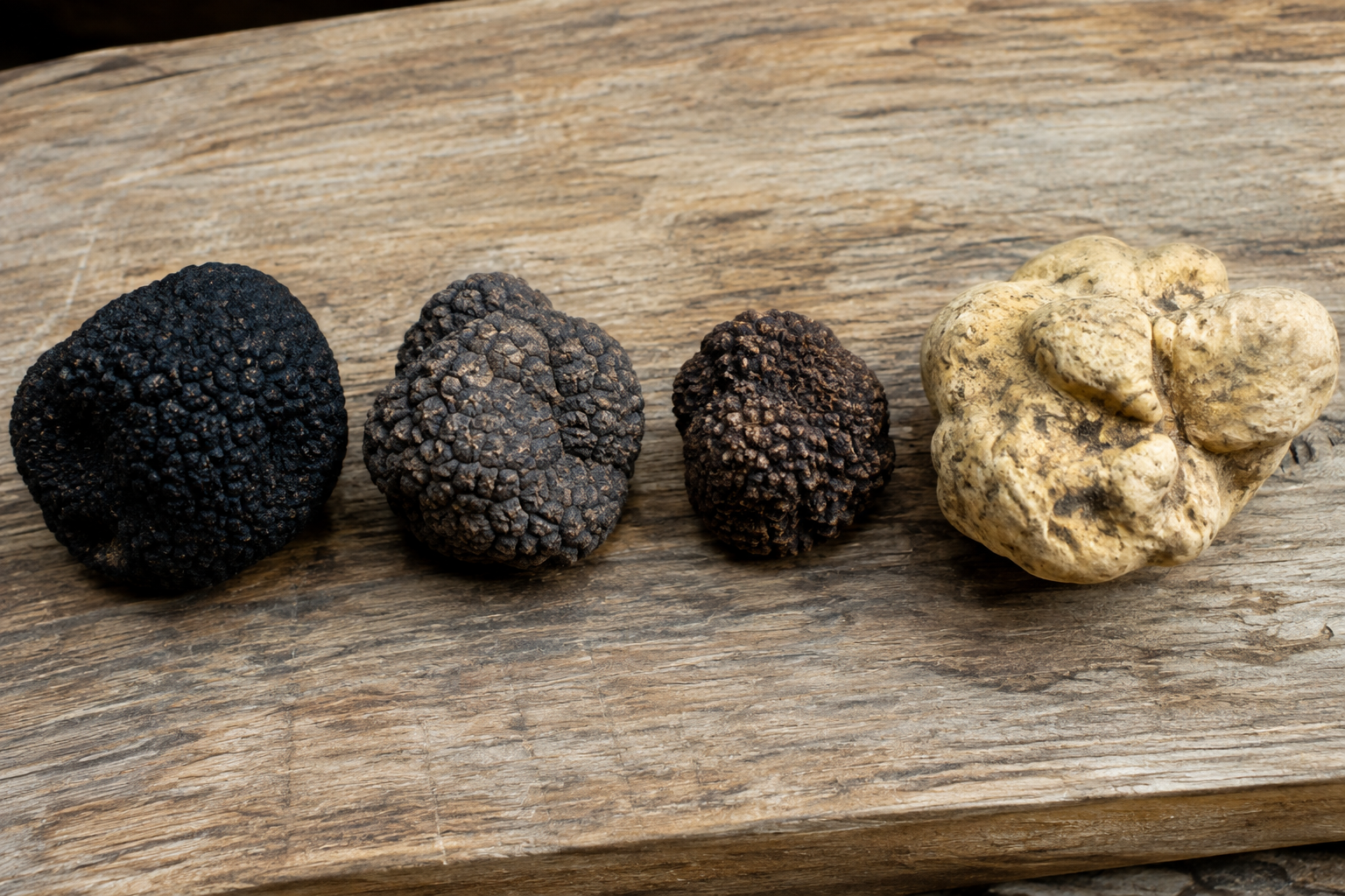 Truffe noire, truffe de Bourgogne, truffe d’été et truffe blanche illustrant la diversité de leurs profils aromatiques